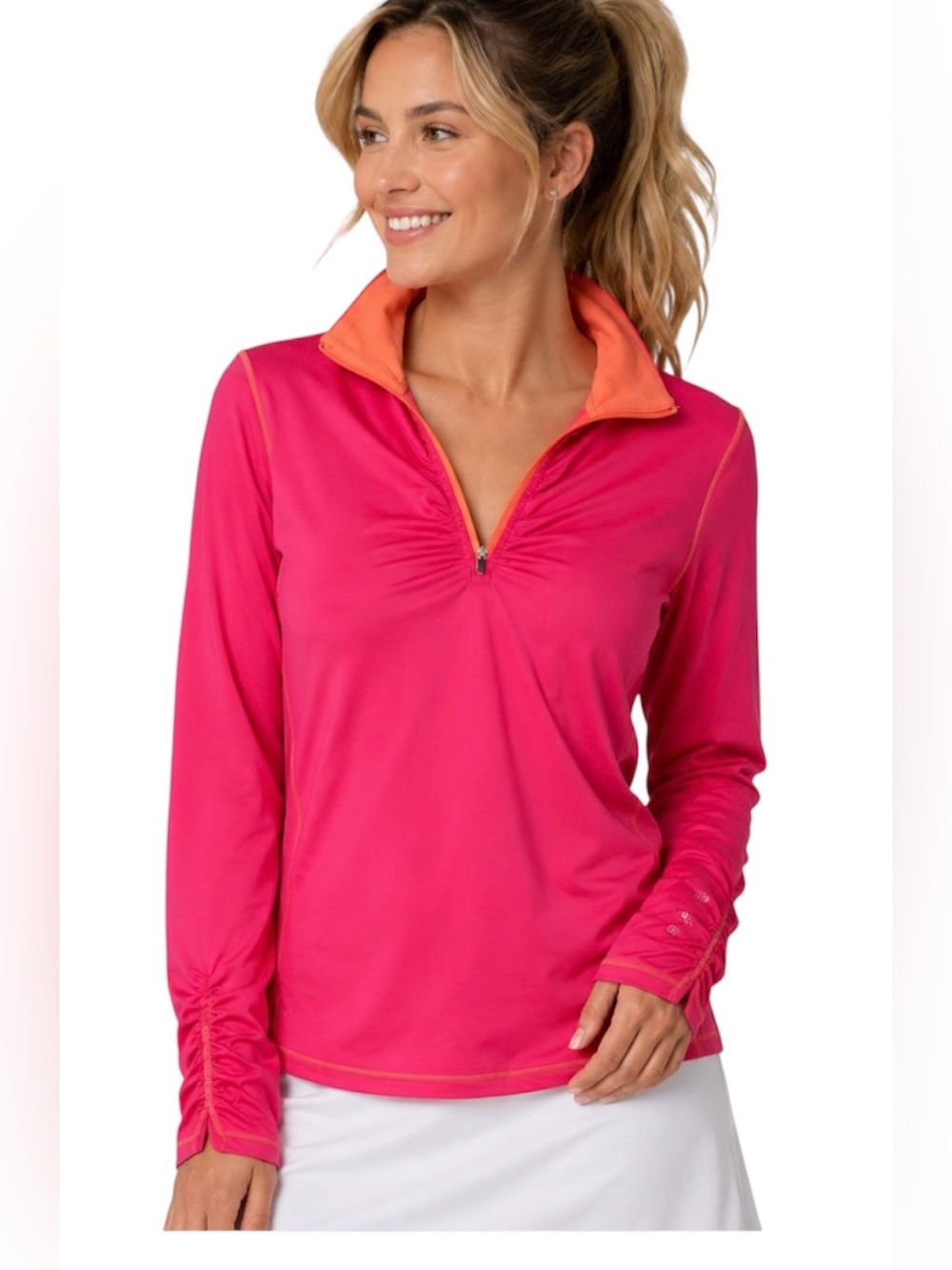 Lija Pink & Mellon Quarter Zip Golf Tennis Pullover Ruched Sleeves Size Large
